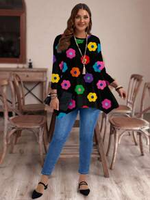 EMERY ROSE Casual Versatile Colorful Floral All-Over Print Plus Size Loose Long Sleeve T-Shirt
