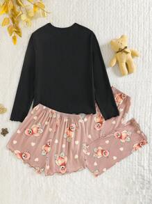 SHEIN 3 件套女孩/青少年女孩绿色熊印花短袖上衣、裤子和短裤睡衣套装 - 卡其色 - 查看 2