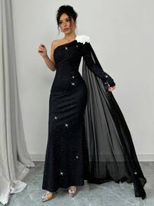 Chiquease Women 3D Floral Asymmetric Shoulder Shining Print Long Sleeve Dress Maxi Women Outfit