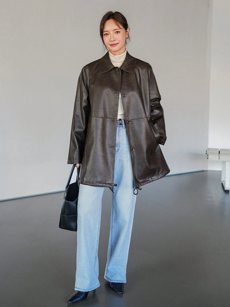 Women's Loose Drawstring PU Jacket,Fall Clothes Business Casual Woman Work Clothes Leather Jacket Women Coats