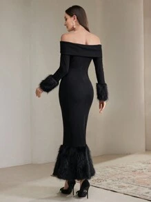 Modelyn 1pc Women's Solid Color Off-Shoulder Furry Long Sleeve Fitted Dress, Elegant Long Evening Dresses
