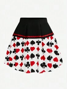 SHEIN LUNE Plus Size Women A-Line Ruched Colorblock Poker Card Floral Print Short Skirt, Fashionable Mini Skirt