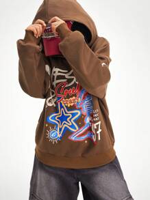 SHEIN EZwear Women's Sport Number Printed Graphics Baggy Sweatshirt Hoodies - Brown - View 8