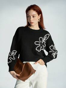 Aveloria Modichic Floral Embroidered Loose Fit Crew-Neck Sweater, Versatile Casual Plant Style Women's Warm Pullover Knit Pullover Fall Winter - Black - View 3