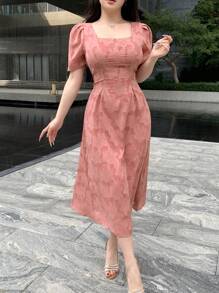 DAZY Lace Allover Floral Pattern Square Neck Mid-Long Dress For Women,Milkmaid Dress