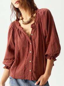 Bohemela Casual Solid Color V-Neck Mid-Sleeve Loose Woven Women's Blouse - Red - View 5