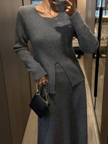 DAZY 女式修身纯色开叉针织毛衣和裙子两件套秋季