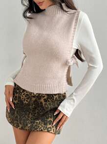 SHEIN Unity Women's Thin Cardigan Vest With Tie Bow Collar, Vacation Style - Apricot - View 3