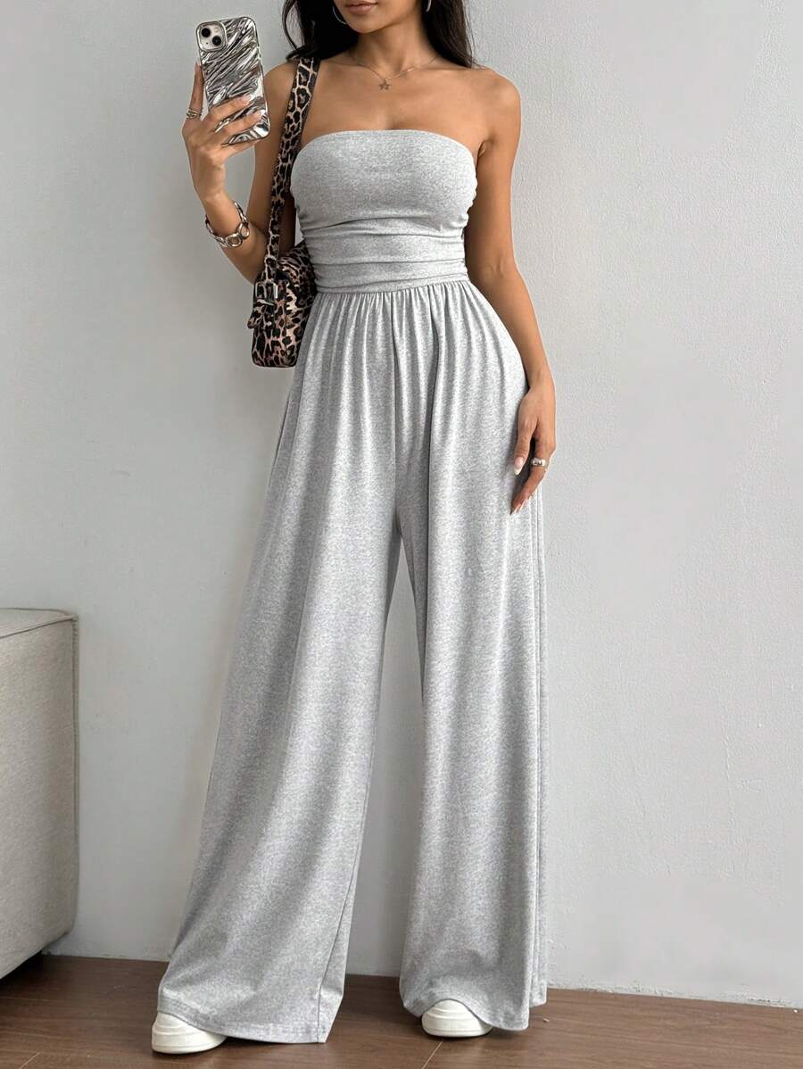 Flirla 休闲褶皱抹胸宽松阔腿连体裤