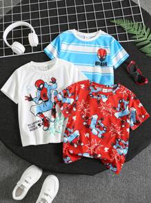 SHEIN Compra dos y llévate gratis. Camisa de punto de manga corta con cuello redondo suave y cómoda, de estilo casual y sencillo, práctica y versátil, adecuada para uso diario, la escuela, los viajes y los deportes, en primavera y verano, para niños pequeños.