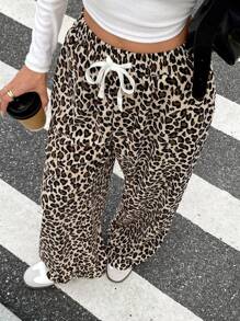 SHEIN Frenchy Pantalon casual à cordon de serrage imprimé léopard pour femmes en grandes tailles, simple et pour un port casual quotidien