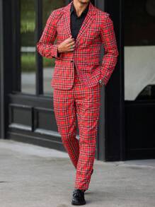 Manfinity Mode 秋冬时尚两件套男士西装套装，红色格子Lpel长袖夹克和裤子，充满圣诞气氛（不对称剪裁） - 紅色 - 查看 3