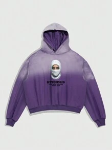 ROMWE MEN Street Life Men's Figure Graphic Print Gradient Color Washed Hoodie Sweatshirt - Purple - View 2
