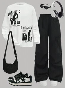 SHEIN Girlism Teen Girl's 2 Pieces/Set Spring, Autumn, Leisure Sports, Street Fashion Character Print 3D Oversized Off-Shoulder Long-Sleeved T-Shirt And Overalls, Wide-Leg Pants, Trousers