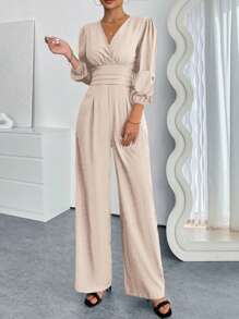 Pariaura Women's Solid Color Simple Daily Long Sleeve Jumpsuit - Apricot - View 3