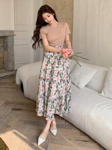 Set de 2 piezas con camiseta de unicolor y falda con estampado floral para mujer, ropa de vuelta al colegio y atuendos de vacaciones estilo bohemio - Rosa - Ver 6