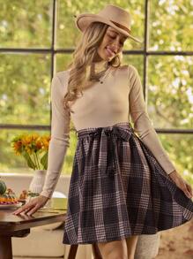 SHEIN LUNE Women's Stand Collar Long Sleeve Casual Plaid Patchwork Knit Dress Fall Cloth For Women - Apricot - View 1