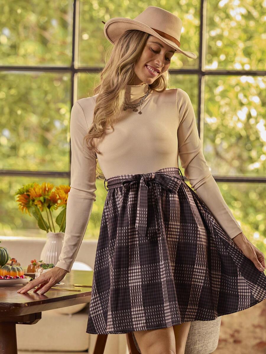 SHEIN LUNE Women's Stand Collar Long Sleeve Casual Plaid Patchwork Knit Dress Fall Cloth For Women - Apricot - View 1