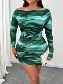 SHEIN Unity St. Patrick's Day Plus Size Women Sexy Digital Print Ruffle Asymmetrical Shoulder Long Sleeve Bodycon Dress - Multicolor - View 3