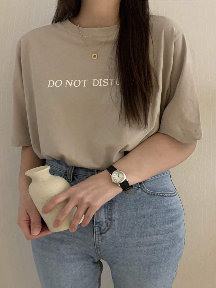 Dazy Plus Plus Size Round Neck Letter Print Loose Fit Short Sleeve T-Shirt, Spring & Summer Oversized T-Shirt Preppy Tops
