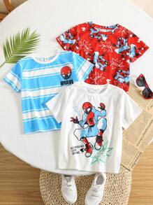 SHEIN Compra dos y llévate gratis. Camisa de punto de manga corta con cuello redondo suave y cómoda, de estilo casual y sencillo, práctica y versátil, adecuada para uso diario, la escuela, los viajes y los deportes, en primavera y verano, para niños pequeños.