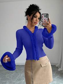 SHEIN Unity Autumn/Winter Casual Solid Color Furry Collar Patchwork Flared Sleeve Cardigan Fall Cloth For Women - Blue - View 7
