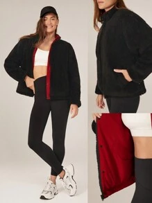 GLOWMODE Lightweight Soft Warm Reversible Hip Length Oversized Zipper Jacket With Adjustable Hem Daily Casual Winter - Red - View 9