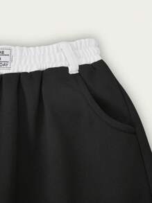 SHEIN Explorewe 1pc Girls' Collegiate Casual & Contrast Waist Band Straight Leg Sweatpants, Spring/Summer New Prep - Black - View 6