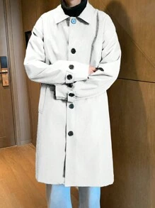 Claim Dot Men's Solid Color Single-Breasted Long Casual Trench Coat, Autumn - Beige - View 6