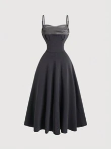 Sweetra 女士新款秋冬时尚露肩高端派对连衣裙，可爱美式淑女风褶皱荷叶边蝴蝶结吊带优雅女士连衣裙 - 灰色 - 查看 1