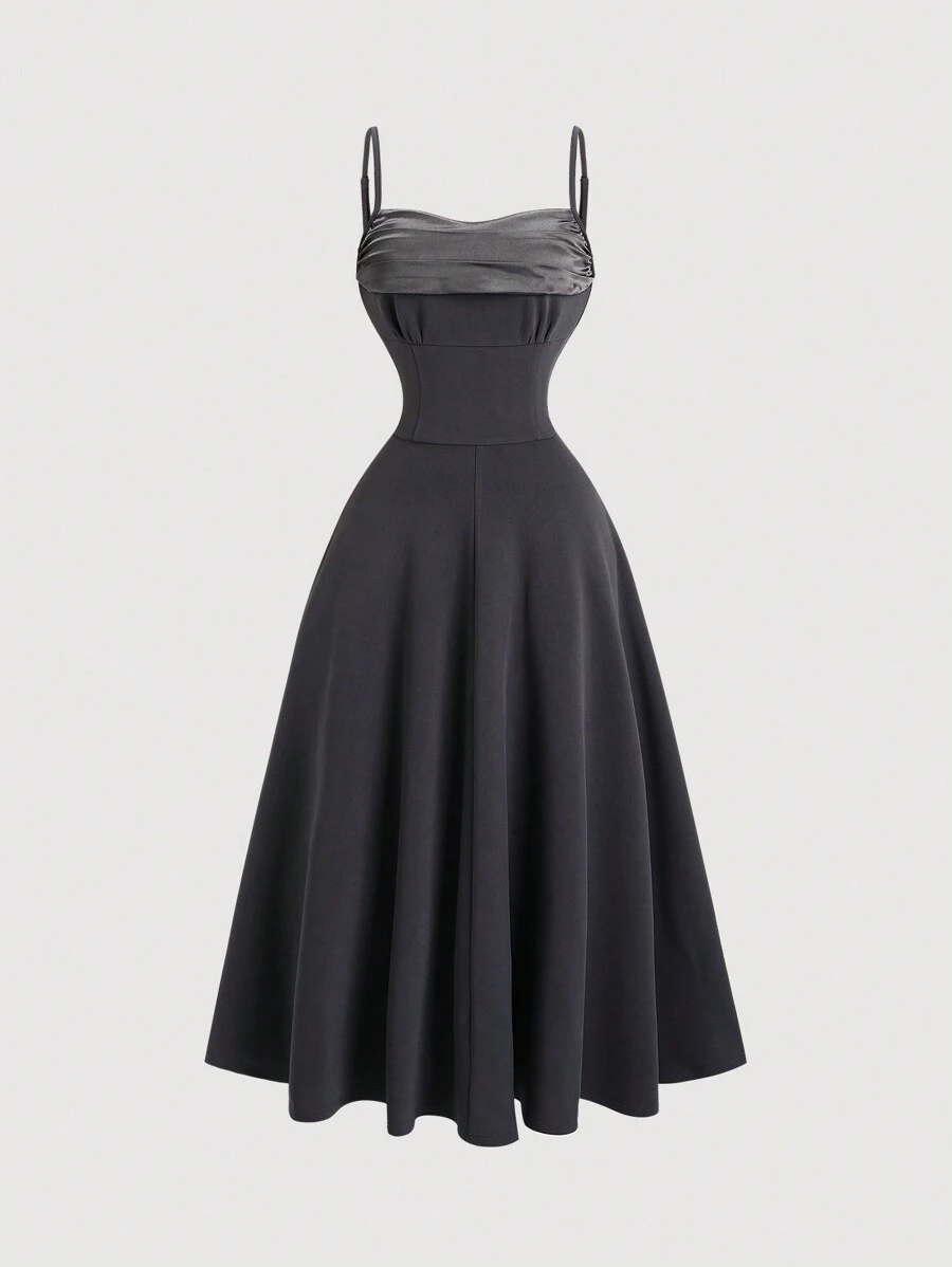 Sweetra 女士新款秋冬时尚露肩高端派对连衣裙，可爱美式淑女风褶皱荷叶边蝴蝶结吊带优雅女士连衣裙 - 灰色 - 查看 1