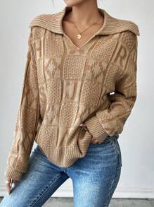 SHEIN Unity 纯色字母纹理图案休闲套头毛衣针织衫秋冬款 - 駝色 - 查看 7