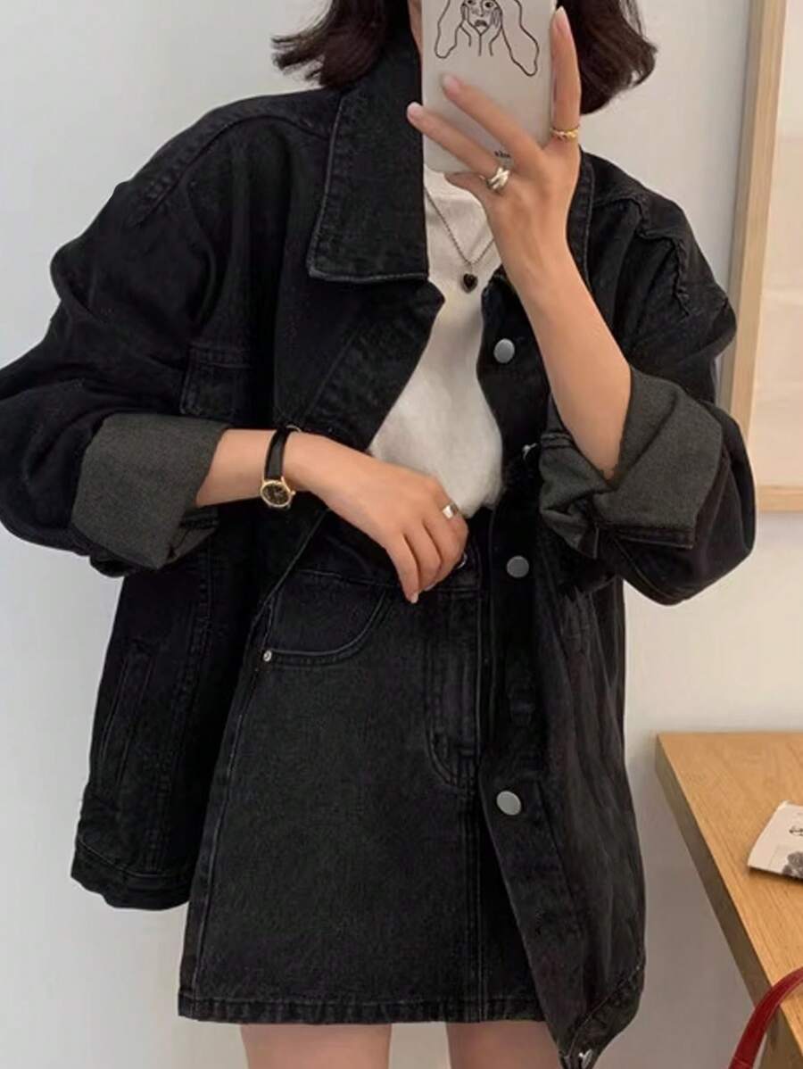 DAZY Women's Solid Color Button Front Casual Versatile Long Sleeve Denim Jacket - Black - View 1