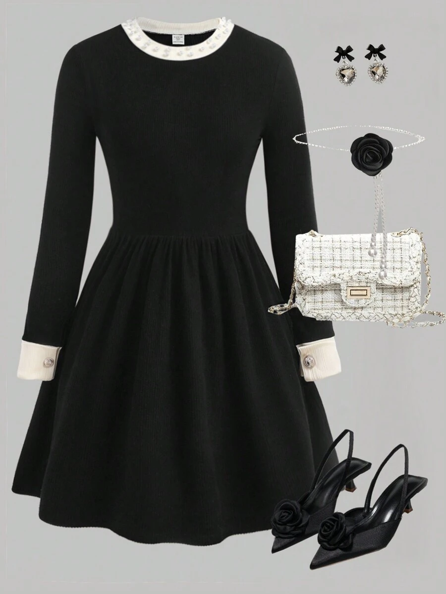 SHEIN Girlism 少女优雅复古串珠撞色长袖迷你连衣裙 - 黑色 - 查看 1