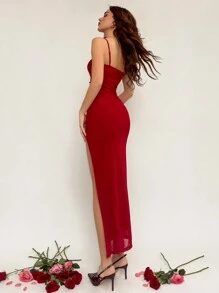 Aloruh 浪漫约会之夜情人节酒红色细肩带高开叉长款花卉连衣裙