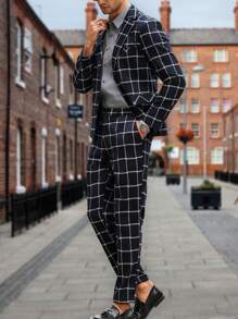 Manfinity Homme Men's Casual Commuting Plaid Jacket & Pants Suit (Not Matched) - Navy Blue - View 3