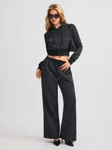 SHEIN Unity 1件装 女士休闲百搭复古弹力腰抽绳针织直筒裤，秋冬季 - 黑色 - 查看 5