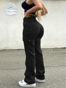 SHEIN Unity Women Solid Color Pocket Design Casual Trousers For Daily Wear Fall Cloth For Women - Black - View 1