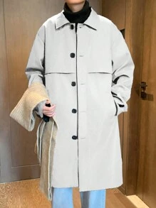 Claim Dot Men's Solid Color Single-Breasted Long Casual Trench Coat, Autumn - Beige - View 3