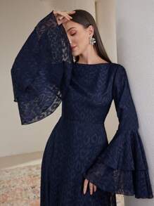 Veilorie Women's Elegant Party Leopard Jacquard Flared Sleeve Arabic Style Dress Modest - Blue - View 1