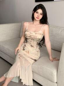 DAZY Robe en maille avec fleur incrustée sur le corps, robe mi-longue élégante en mousseline pour femme - Nude - Voir 1