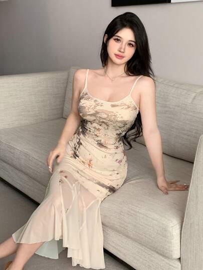 DAZY Mesh Dress Full Body Flower Sling Stitching Women's Mid-Length Elegant Dress Sundress