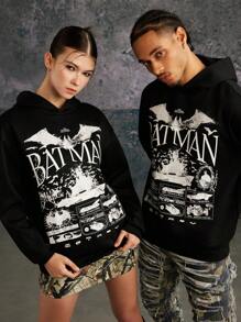 BATMAN X SHEIN 85th Unisex Graphic Print Drawstring Hoodies, For Fall - Black - View 1