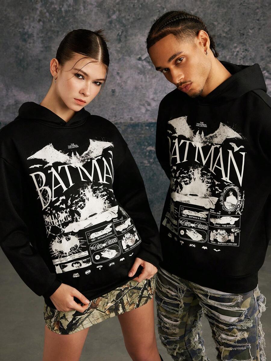 BATMAN X SHEIN 85th Unisex Graphic Print Drawstring Hoodies, For Fall - Black - View 1