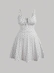 SHEIN EZwear 1 件大码女式花卉印花针织吊带背心连衣裙，夏季 - 黑與白 - 查看 1