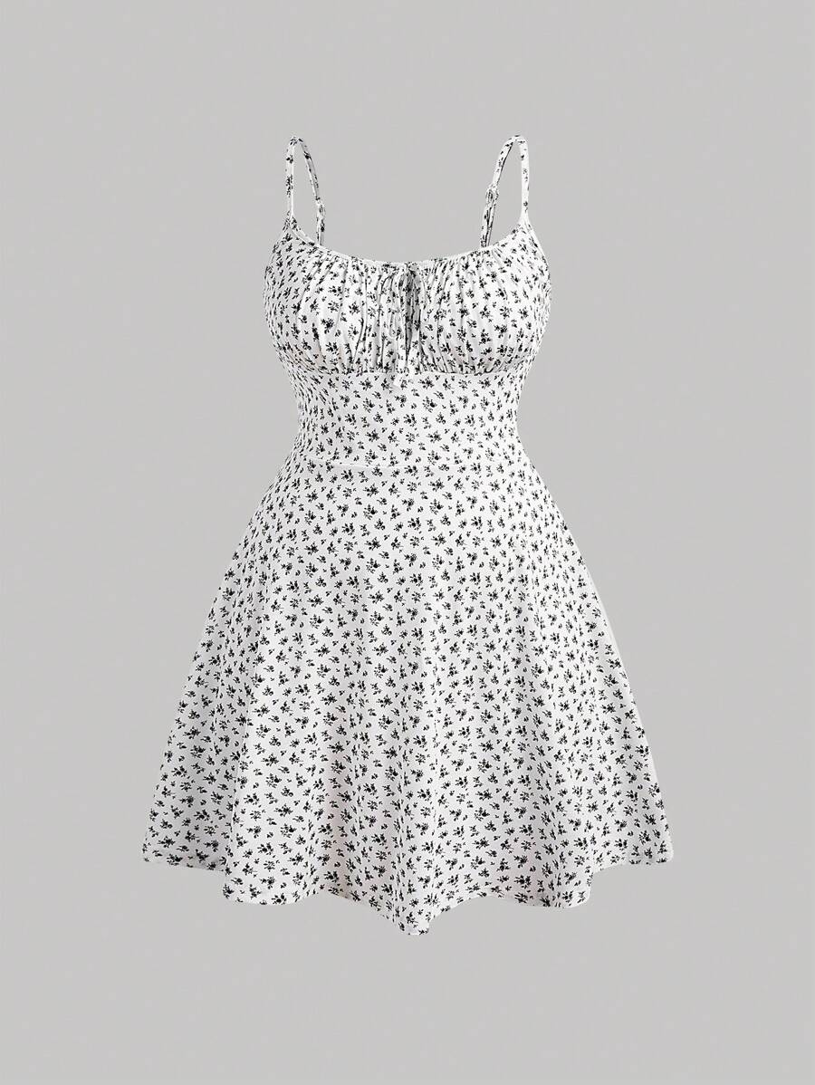 SHEIN EZwear 1 件大码女式花卉印花针织吊带背心连衣裙，夏季 - 黑與白 - 查看 1