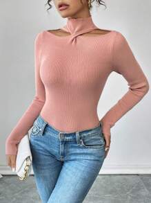 SHEIN Unity كنزة صوفية محبوكة طويلة الأكمام بياقة عالية وفتحات على الكتف للنساء في فصلي الخريف والشتاء - وردي المرجاني - مشاهدة 6