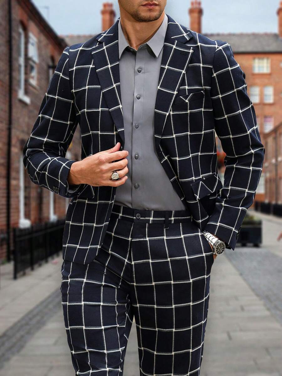 Manfinity Homme Men's Casual Commuting Plaid Jacket & Pants Suit (Not Matched) - Navy Blue - View 1