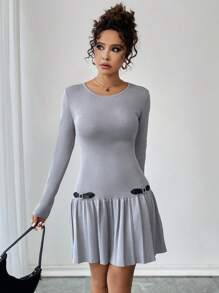 Elenzga Round Neck Knitted Sweater Dress With Waist Belt And Tuck Decor, Stylish Design For Women - Grey - View 4
