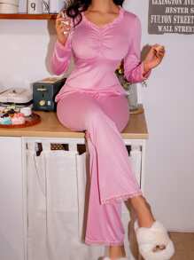 SweetSlumber Conjunto de pijama de mujer con cuello redondo y encaje con estilo "ins"